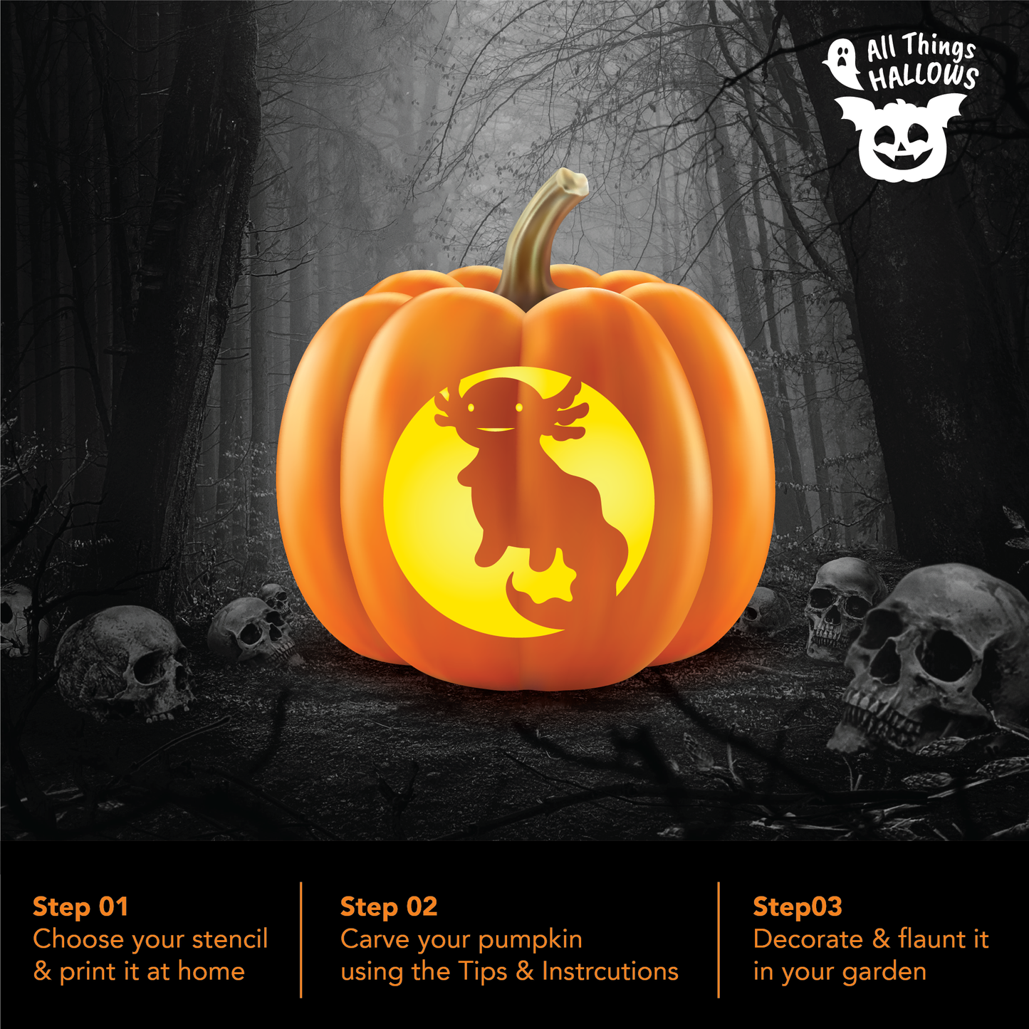 Finished carved axolotl pumpkin displayed in a spooky forest scene with step by step pumpkin carving instructions.