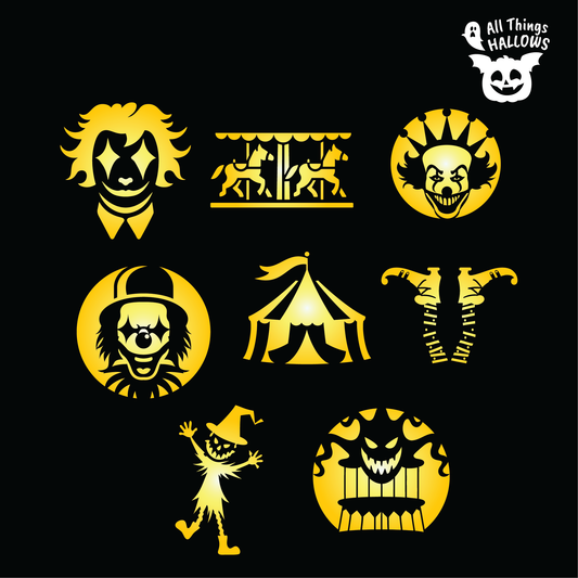 Printable Spooky Carnival pumpkin carving stencil bundle preview featuring creepy clown, evil jester, haunted carousel, carnival tent, scarecrow, and circus themed stencil designs.