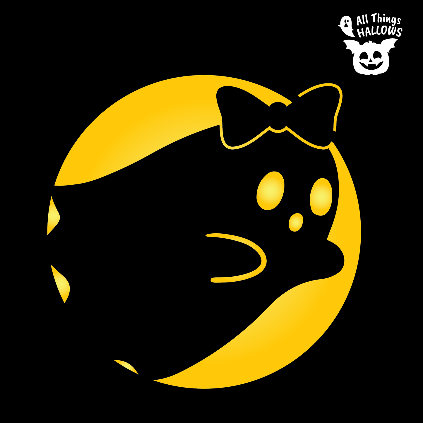 Coquette Bow Ghost Pumpkin Stencil design featuring a cute ghost with a bow surrounded by a crescent shape for Halloween pumpkin carving.