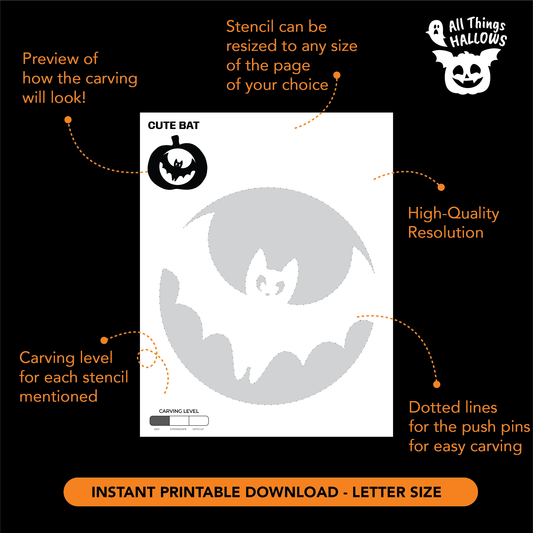 Printable Cute Spider Pumpkin Stencil showing the hanging spider carving pattern, dotted guidelines, resizing information and carving level.