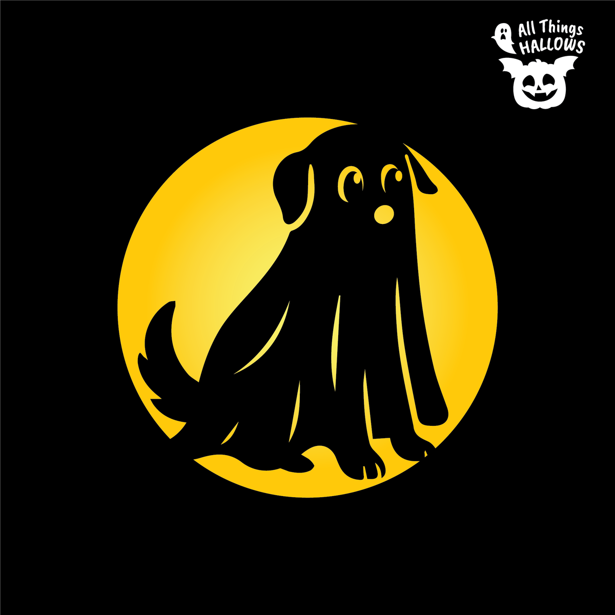 Dog Ghost Pumpkin Stencil design featuring a sitting dog in a flowing ghost costume with floppy ears, curious eyes and a wagging tail.