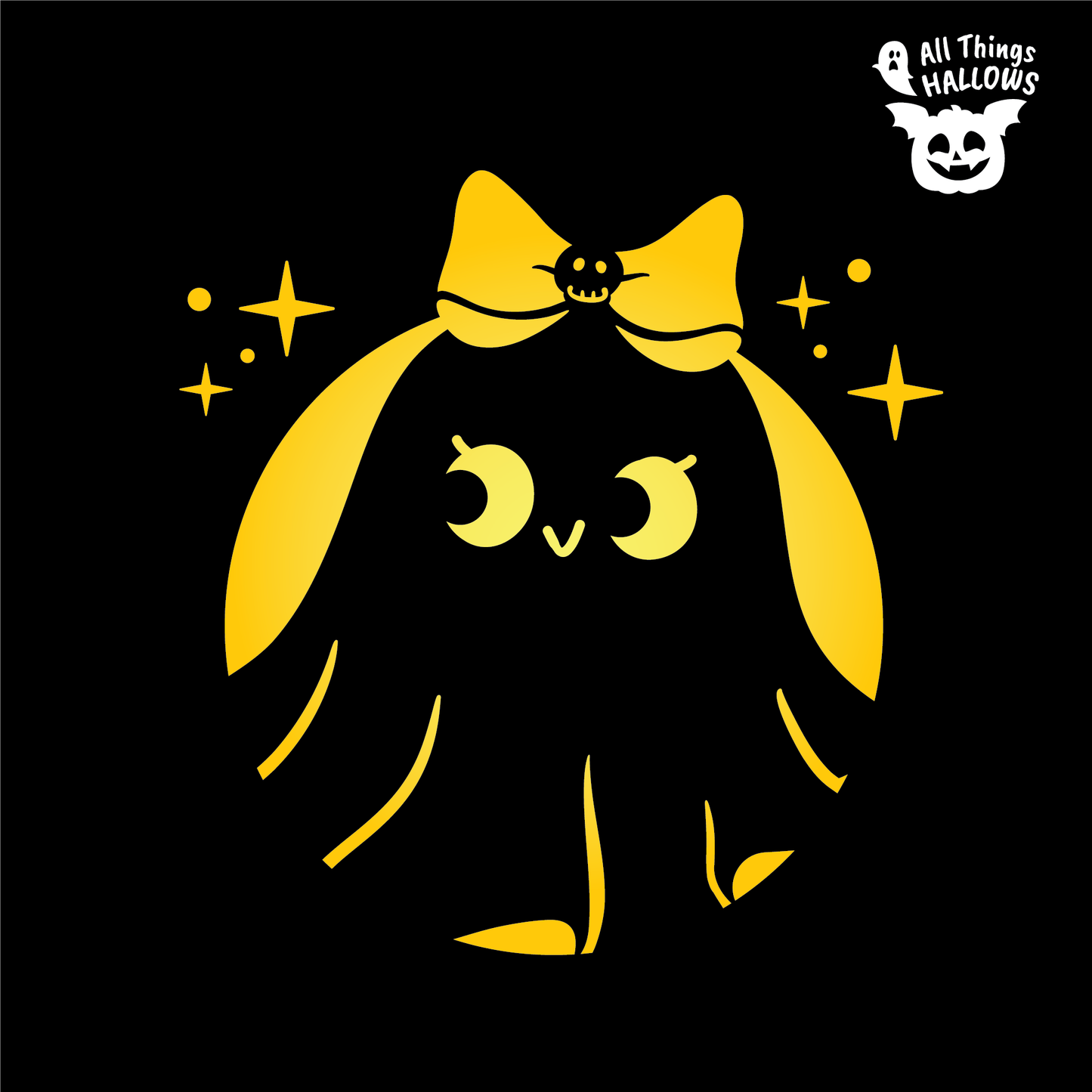 Cute Girl Ghost Pumpkin Stencil featuring an adorable ghost girl with a large bow, playful eyes, flowing ghost details, and star accents on a black background.