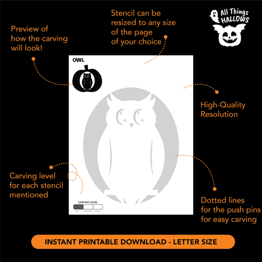 Printable Cute Owl Pumpkin Stencil showing the owl and moon carving pattern with resizing, carving level and push pin transfer details.