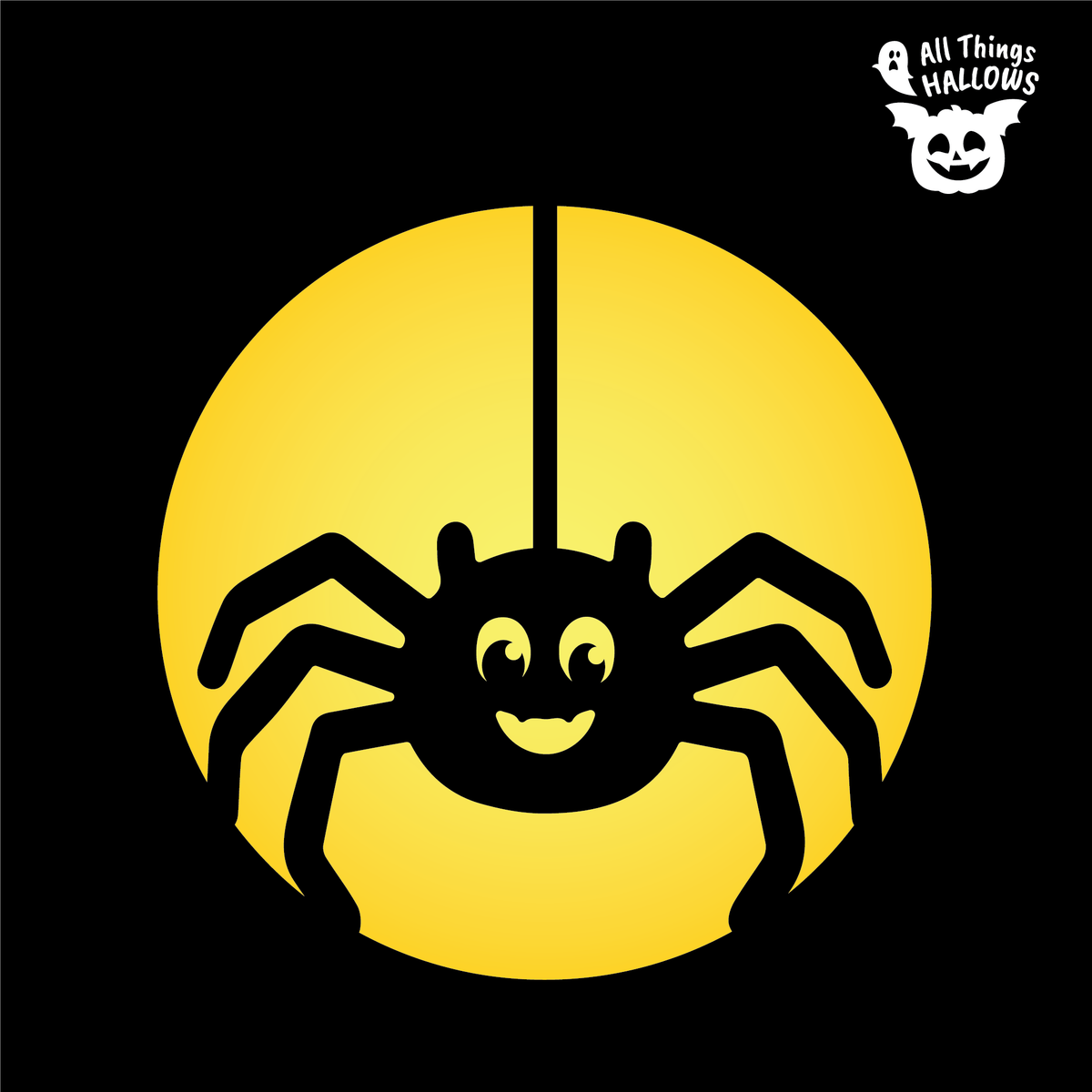Cute Spider Pumpkin Stencil design featuring a smiling spider with eight legs hanging from a web strand against a large circular background.