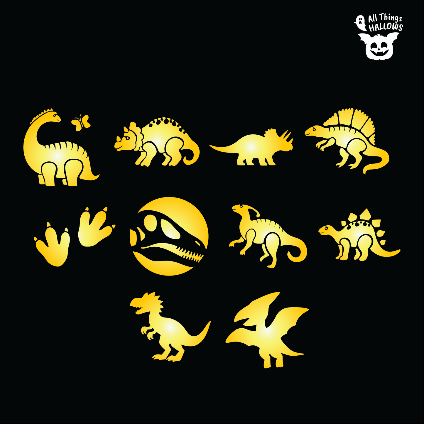 Collection of 10 dinosaur pumpkin carving stencil designs including Brachiosaurus, Triceratops, Stegosaurus, Spinosaurus, Velociraptor, dinosaur footprints, fossil skull, baby T-Rex, Parasaurolophus, and Pterodactyl.