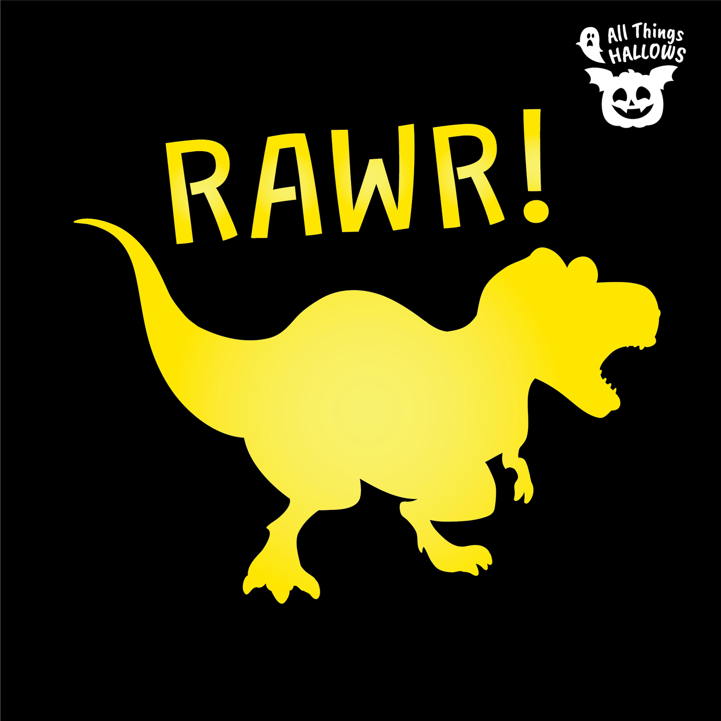 Printable Dinosaur RAWR pumpkin carving stencil featuring a T-Rex silhouette, high-resolution template, push-pin guides, and letter-size instant PDF download.