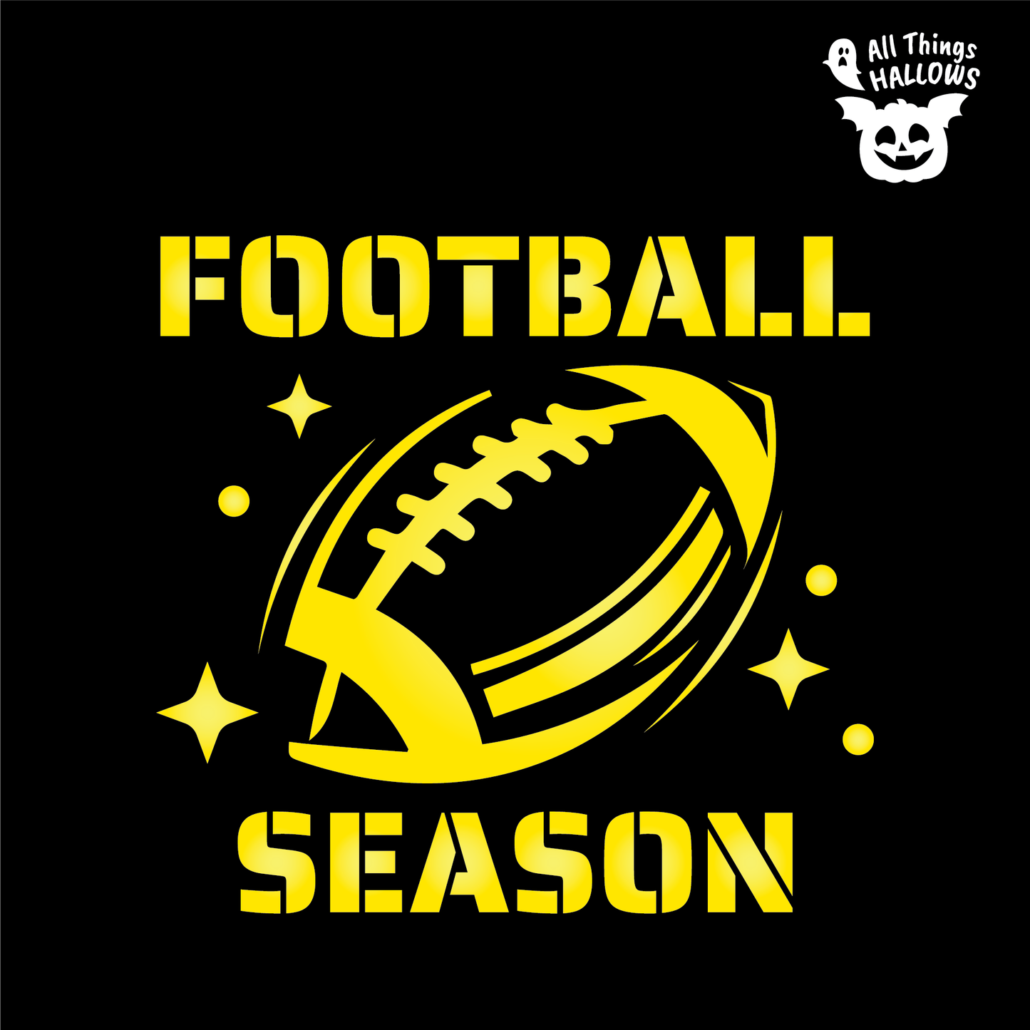 Football Season pumpkin stencil featuring a football illustration with bold text, ideal for football fans creating Halloween pumpkin carvings.