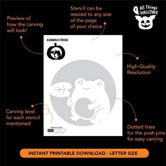 Printable Frog with a Leaf Pumpkin Stencil template with a kawaii frog holding a leaf, transfer guidelines and carving difficulty information.