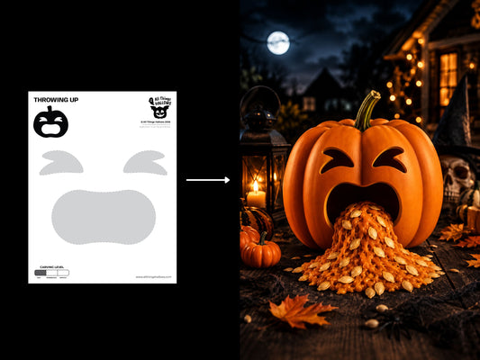 Printable Funny Throwing Up Pumpkin Stencil template with dotted transfer lines, carving difficulty, and high resolution PDF design.