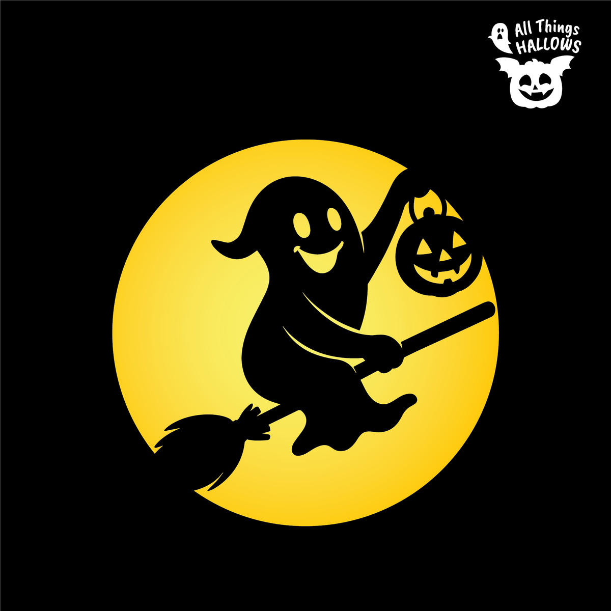 Ghost on a Broomstick Pumpkin Stencil design featuring a smiling ghost flying on a broom while carrying a jack-o'-lantern against a large moon.