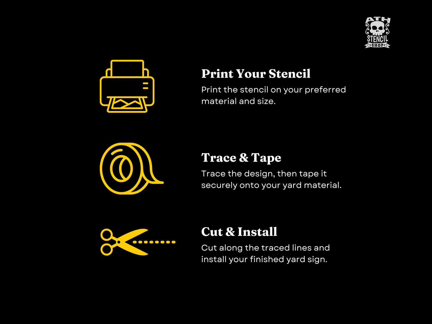 Grim Reaper Yard Stencil instructions showing how to print, trace, tape, cut, and install the life size Halloween yard decoration.