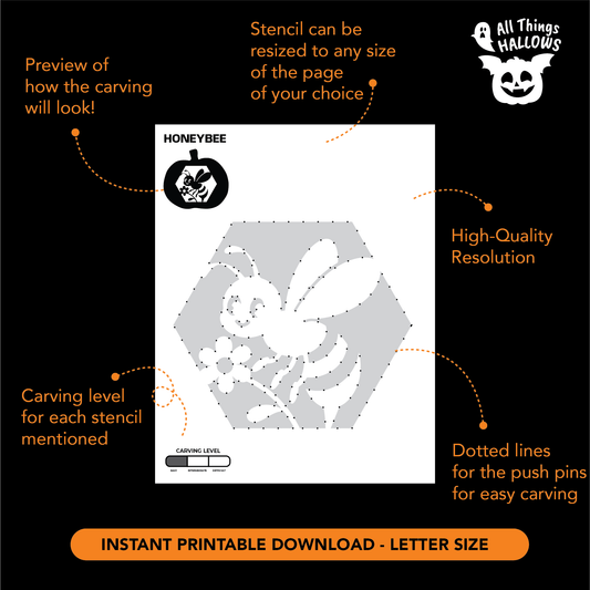 Printable Honeybee Pumpkin Stencil template showing the bee, flower and honeycomb carving pattern with dotted transfer guidelines.