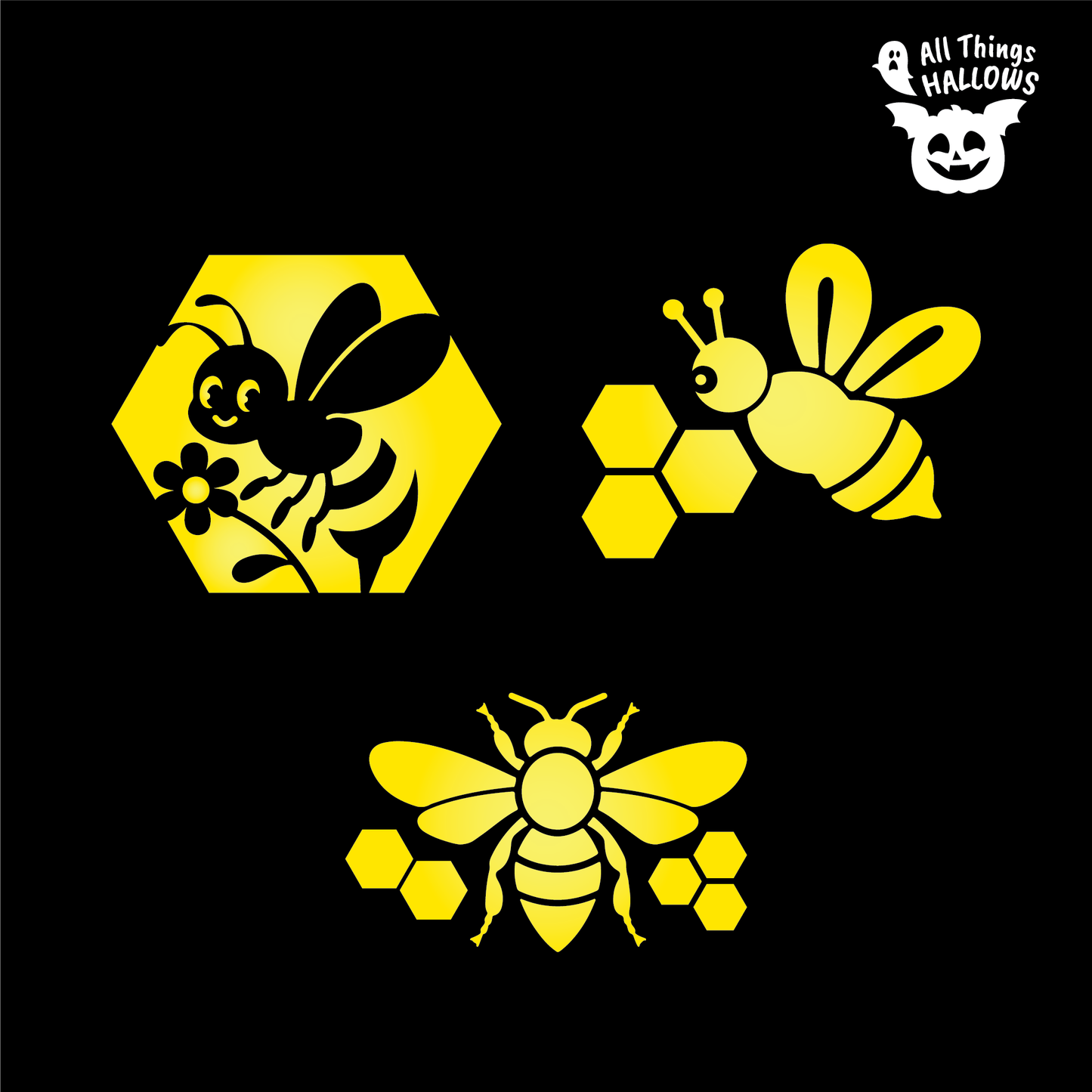 Three Honeybee Pumpkin Stencil variations featuring a cute bee with flower, flying bee with honeycomb and detailed honeybee designs.