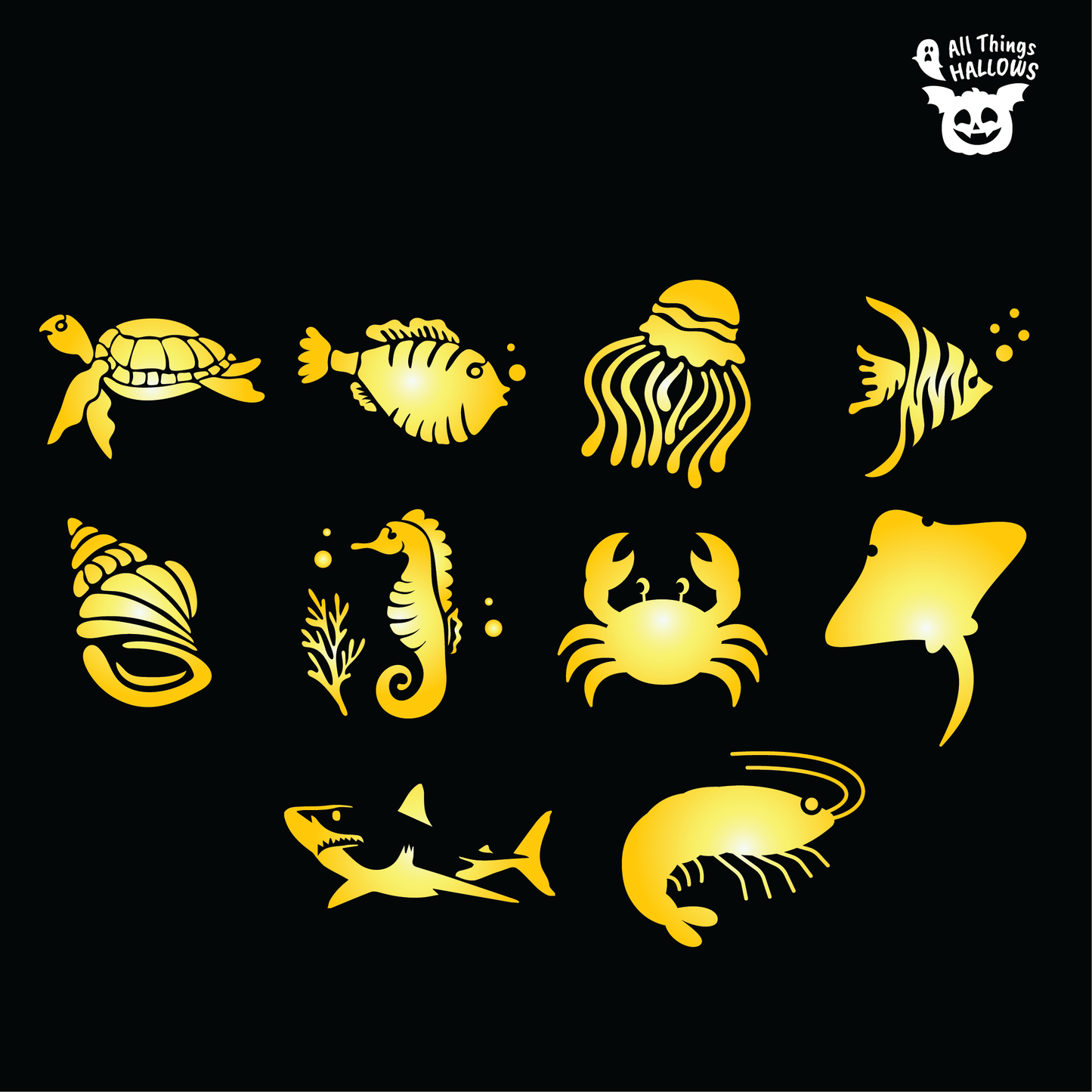 Ocean Animal Pumpkin Carving Stencil Bundle preview featuring printable sea turtle, shark, jellyfish, seahorse, crab, stingray, shrimp and fish stencil designs.