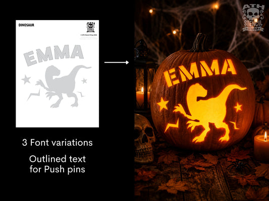 Personalized Dinosaur Pumpkin Stencil with name Emma shown beside a glowing carved Halloween pumpkin featuring a dinosaur, stars and lightning bolts.