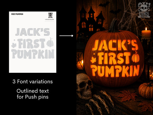 Personalized First Pumpkin Stencil with custom name Jack beside a glowing carved Halloween pumpkin showing the finished design.