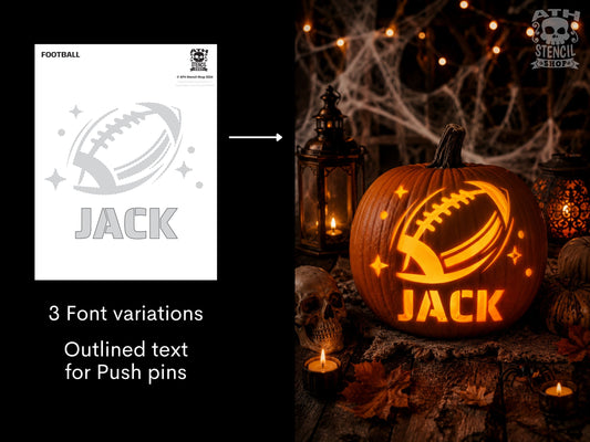 Personalized Football Pumpkin Stencil with name Jack shown beside a glowing carved football Halloween pumpkin.