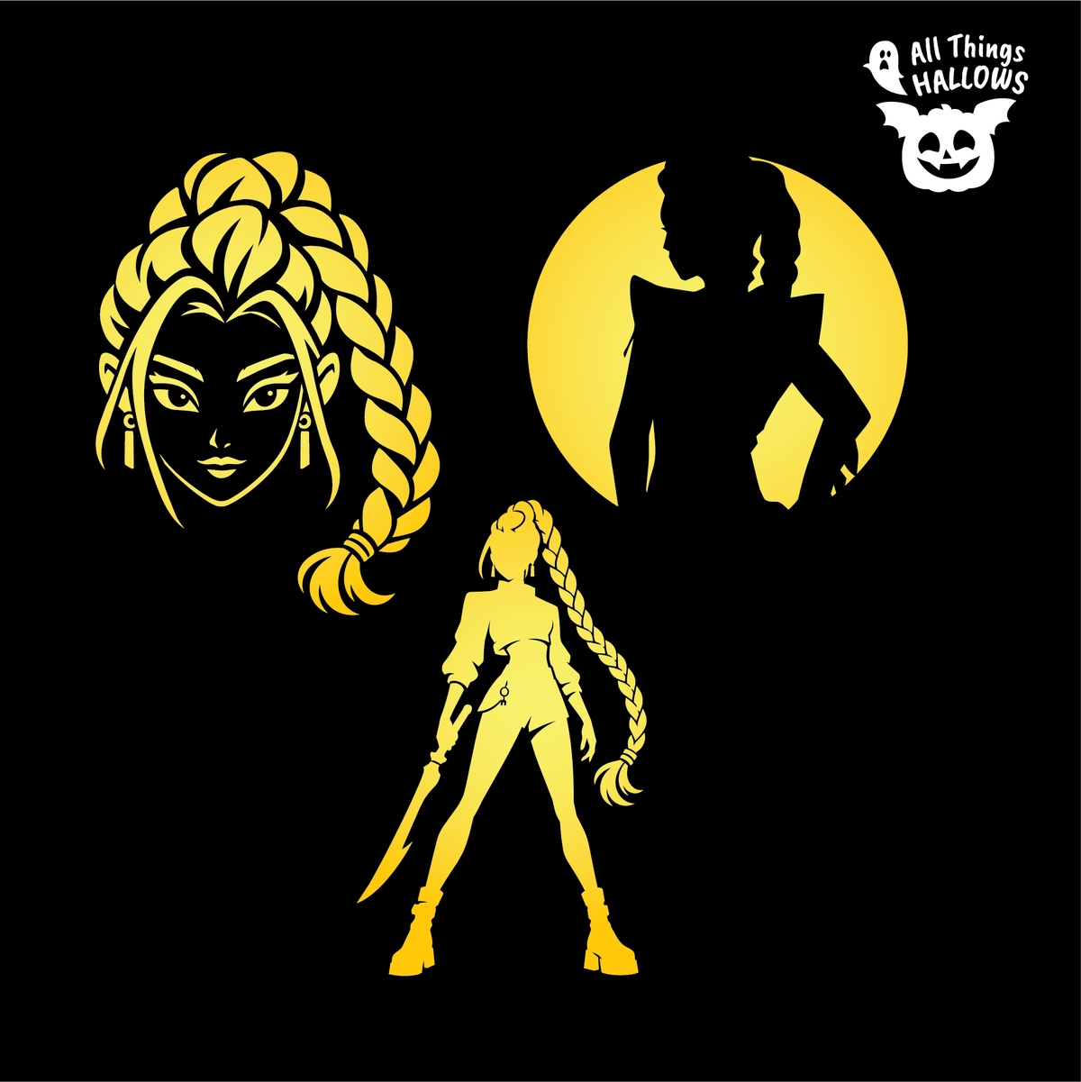 Set of three Rumi Pumpkin Stencil designs featuring a detailed portrait, dramatic silhouette and full-body warrior pose.