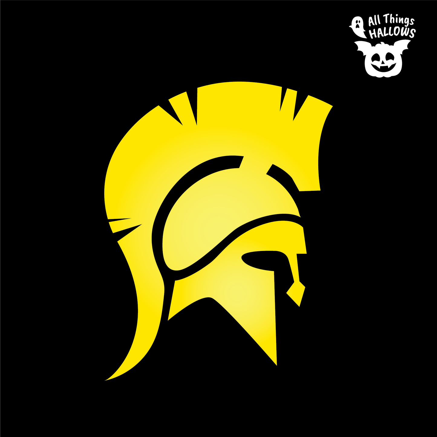 Spartan Helmet pumpkin carving stencil design featuring a stylized warrior helmet, large crest, curved cheek guard, and pointed lower face guard.