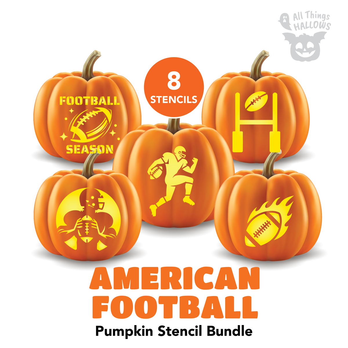 American Football Pumpkin Stencil Bundle with 8 printable football carving patterns featuring players, goalposts, helmets and football designs.