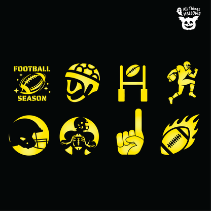 Eight American Football Pumpkin Stencil designs including football season, helmet, goalpost, players, foam finger and flaming football.