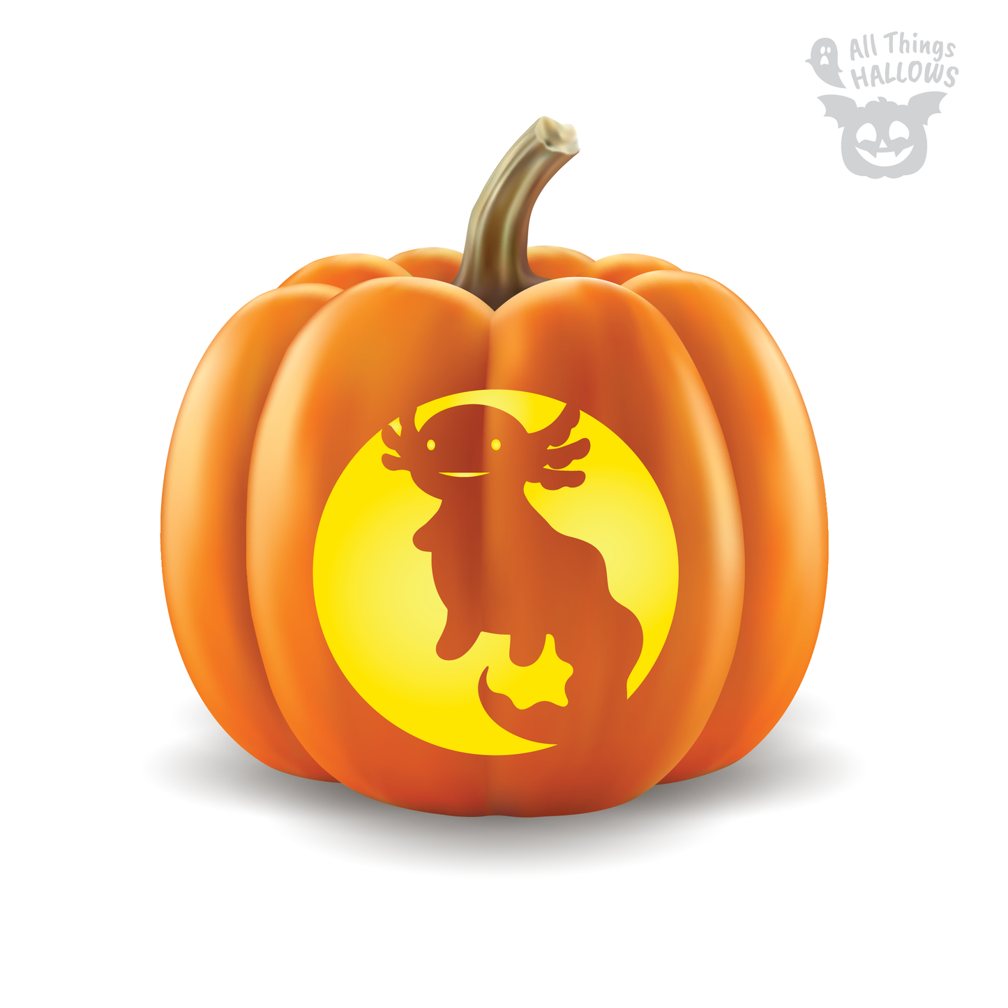 Cute smiling axolotl pumpkin carving stencil glowing on an orange pumpkin with All Things Hallows watermark.