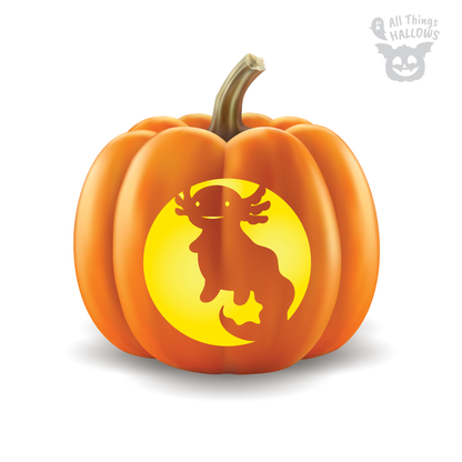 Cute smiling axolotl pumpkin carving stencil glowing on an orange pumpkin with All Things Hallows watermark.