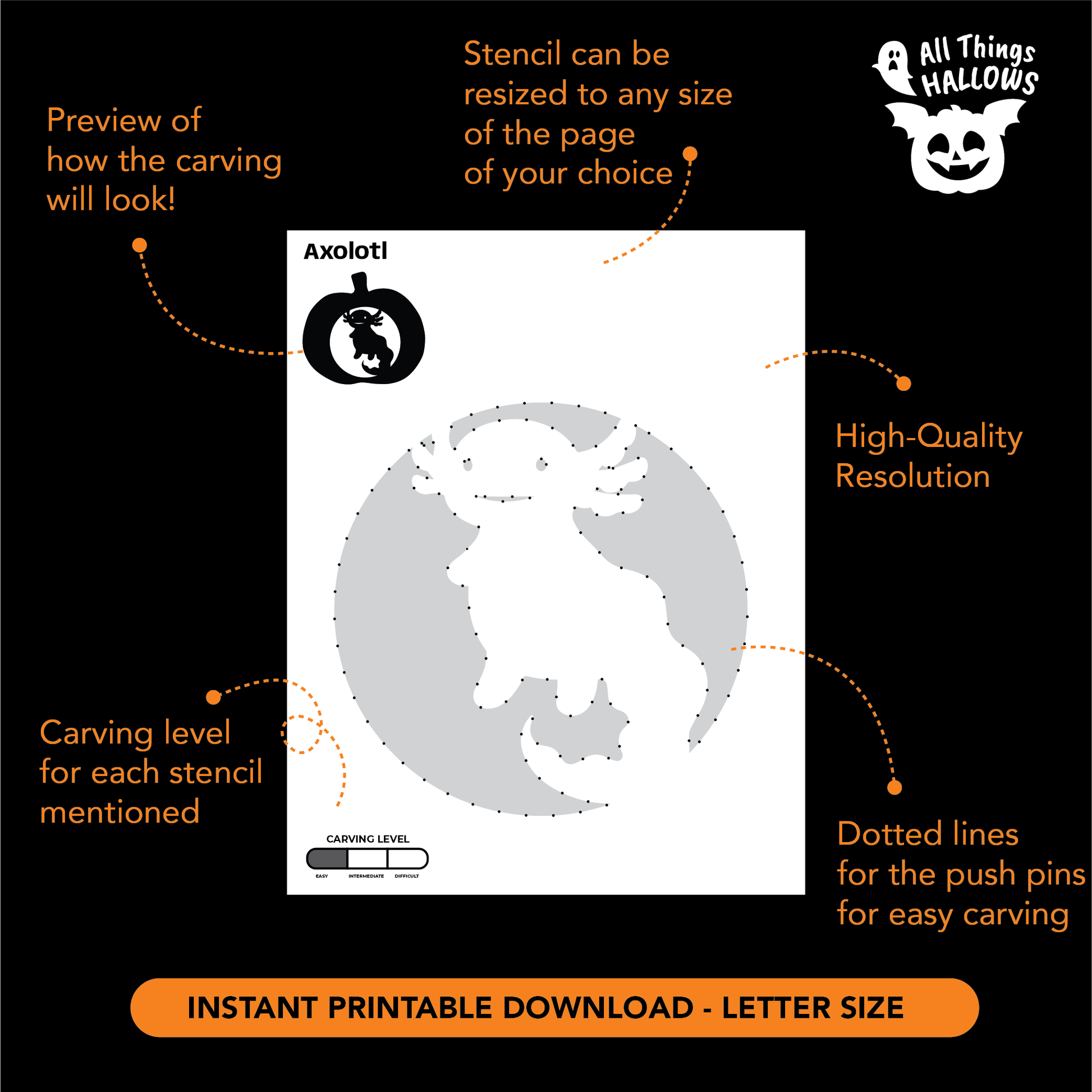 Printable Axolotl Pumpkin Stencil PDF preview showing carving guide, dotted tracing lines, carving difficulty, and instant digital download information.