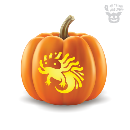 Simple cartoon axolotl pumpkin stencil carved into an orange pumpkin with glowing effect.