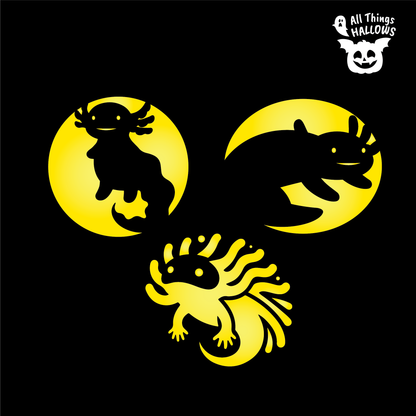 Preview of three printable Axolotl Pumpkin Stencil designs featuring smiling and swimming axolotls on a black background.