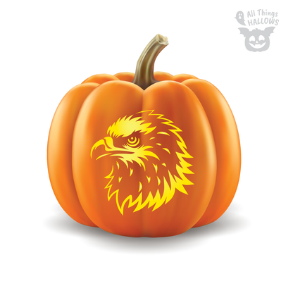 Bald Eagle Pumpkin Stencil displayed on an orange pumpkin with a detailed bald eagle head design.