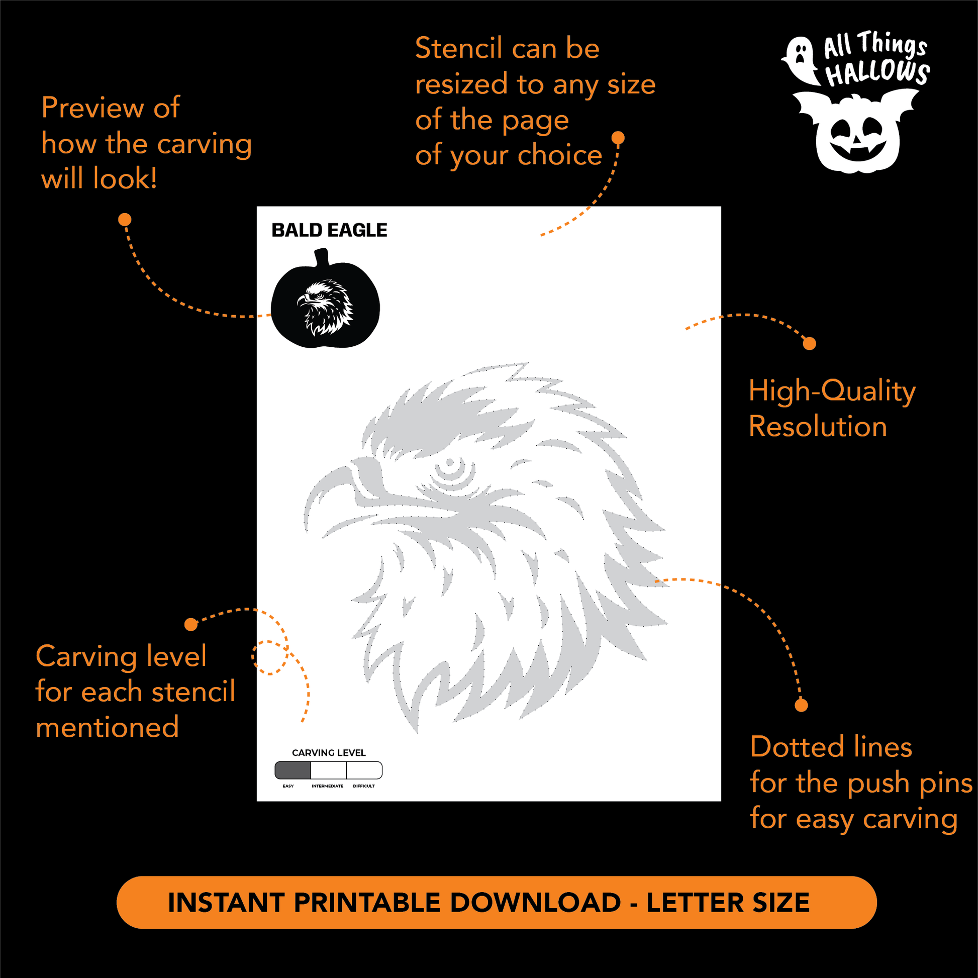 Printable Bald Eagle Pumpkin Stencil showing an eagle head design, carving level guide, dotted transfer lines, and instant download information.