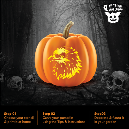 Finished bald eagle pumpkin carving displayed in a dark Halloween forest surrounded by skulls.