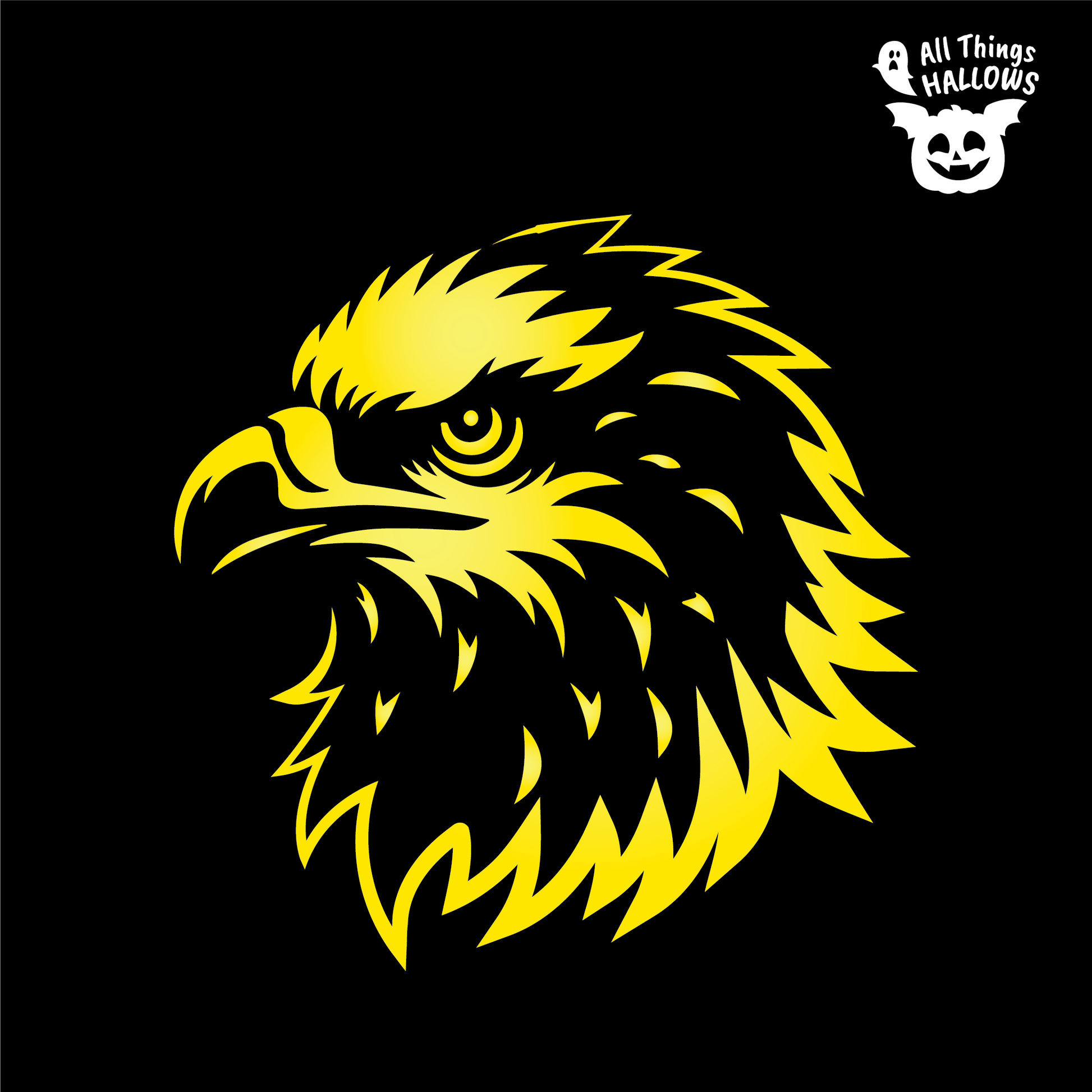 Bald Eagle Pumpkin Stencil featuring a detailed eagle head and feather design on a black background.
