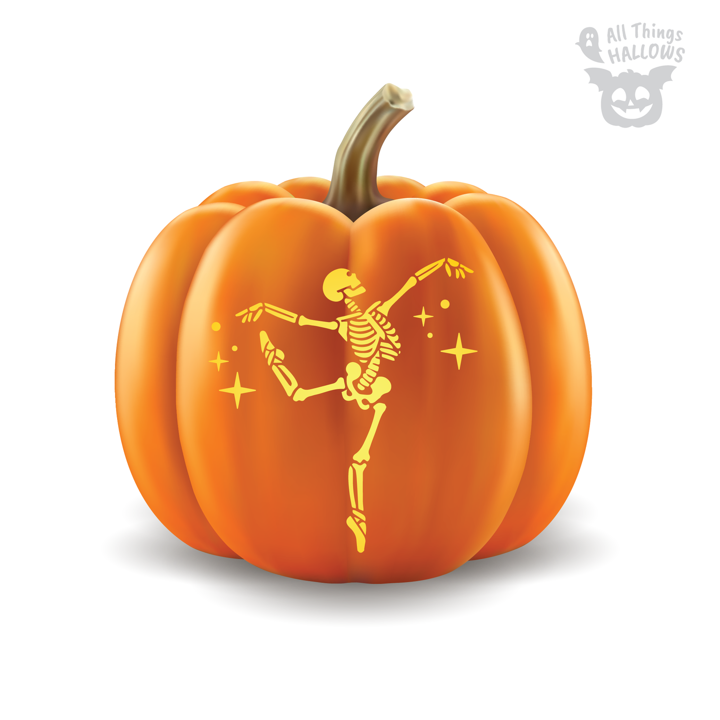 Ballet Dancing Skeleton Pumpkin Stencil displayed on an orange pumpkin with a dancing skeleton surrounded by stars.