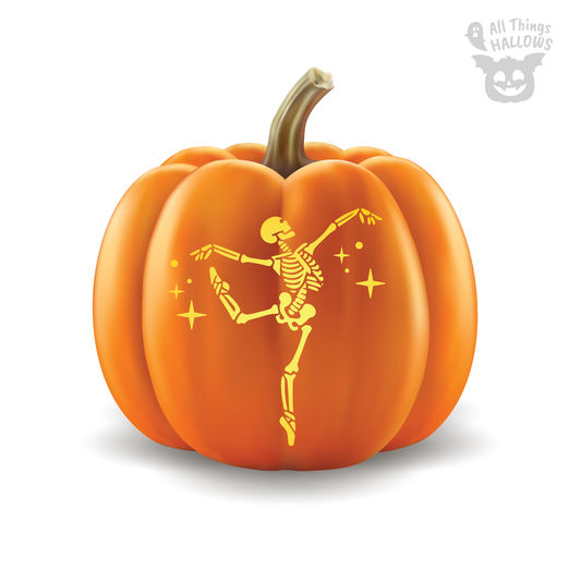 Ballet Dancing Skeleton Pumpkin Stencil displayed on an orange pumpkin with a dancing skeleton surrounded by stars.