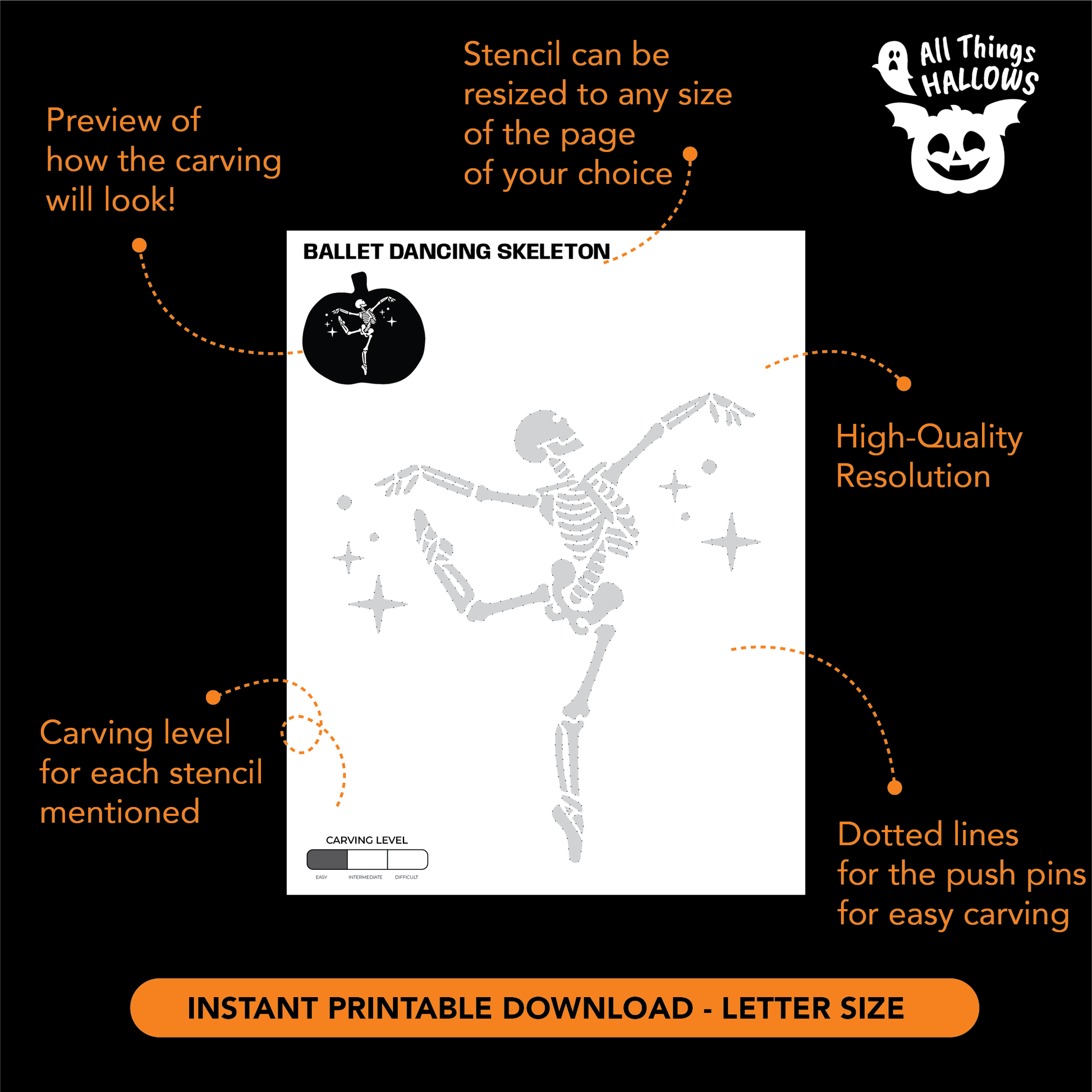 Printable Ballet Dancing Skeleton Pumpkin Stencil showing a skeleton ballerina design, carving level guide, dotted transfer lines, and instant download details.