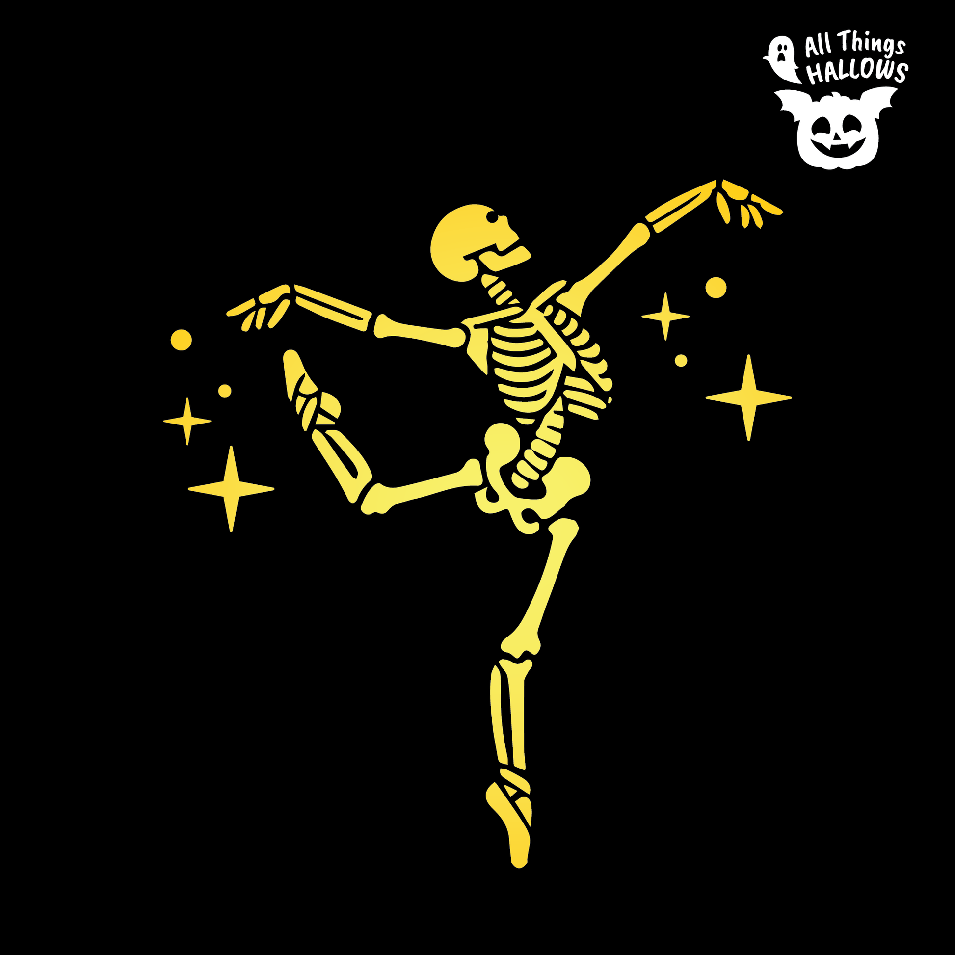 Ballet Dancing Skeleton Pumpkin Stencil featuring a dancing skeleton in a ballet pose with star accents on a black background.