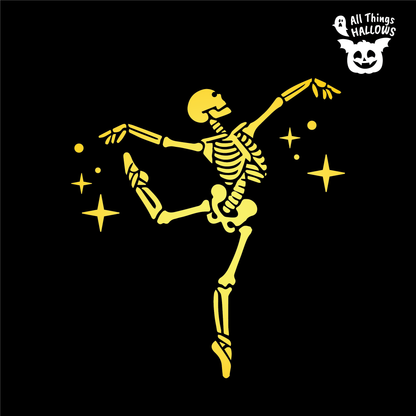 Ballet Dancing Skeleton Pumpkin Stencil featuring a dancing skeleton in a ballet pose with star accents on a black background.