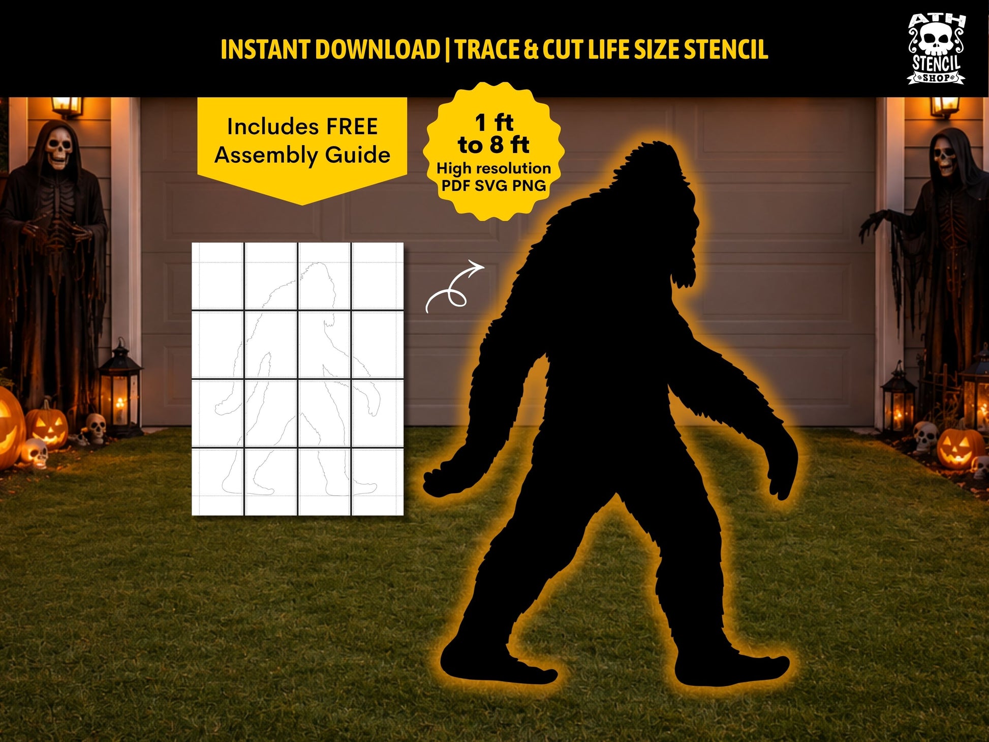 Large Bigfoot Halloween yard decoration silhouette displayed in a spooky front yard using a printable life size stencil template.