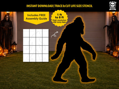 Large Bigfoot Halloween yard decoration silhouette displayed in a spooky front yard using a printable life size stencil template.
