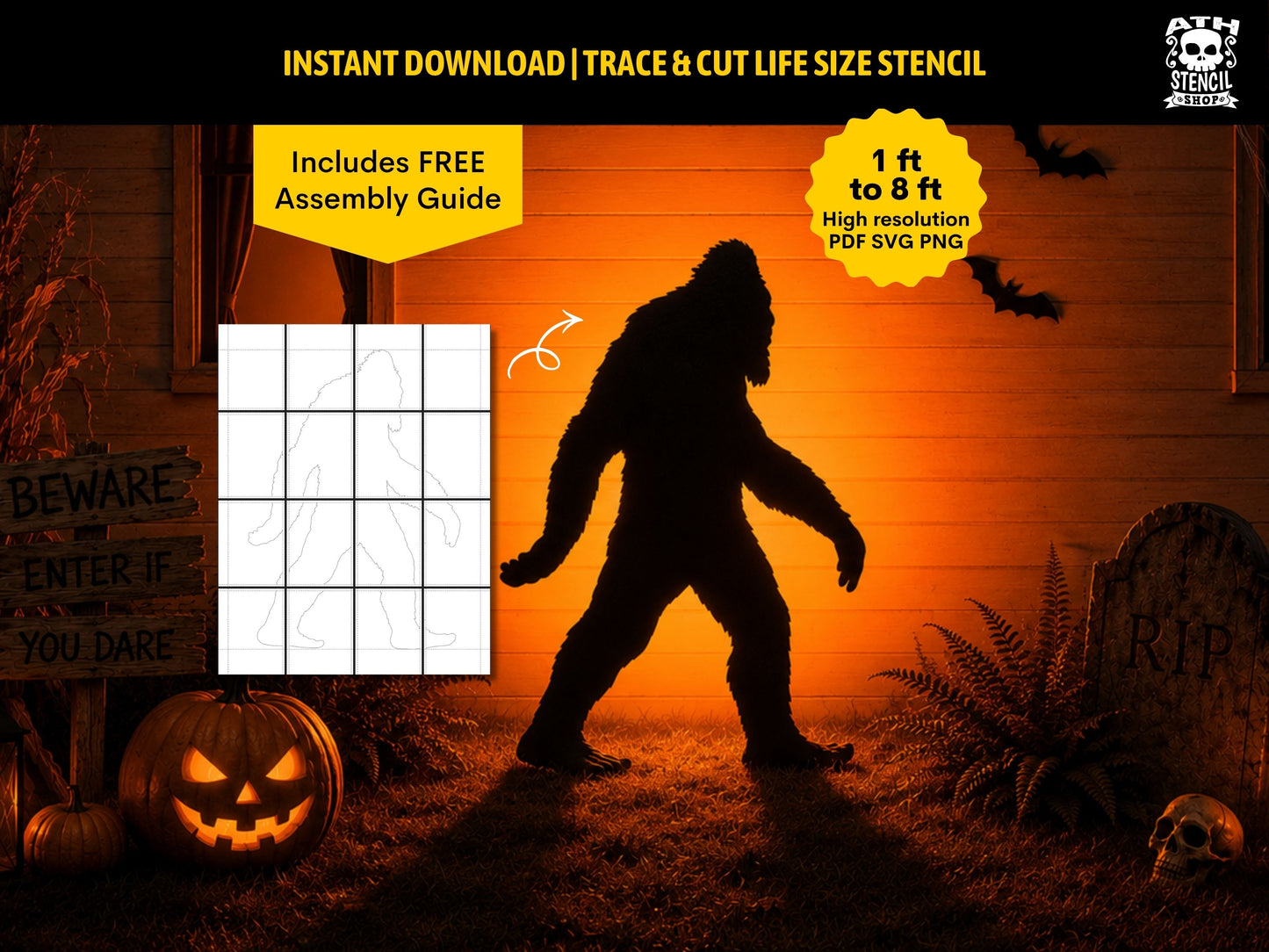 Bigfoot Yard Stencil printable life size Halloween decoration from 1 ft to 8 ft with PDF, SVG and PNG instant download.