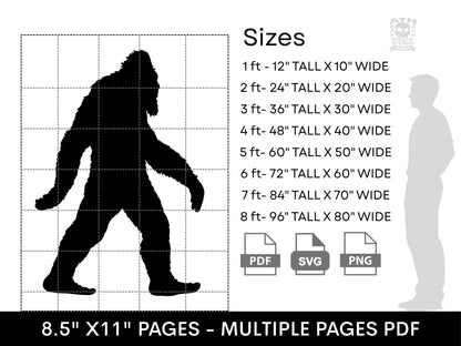 Bigfoot life size stencil size chart showing printable template dimensions from 1 foot to 8 feet for Halloween yard decorations.