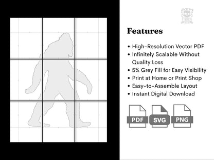 Bigfoot yard stencil printable template showing vector PDF, SVG, PNG files, assembly guide, scalable design and instant download features.