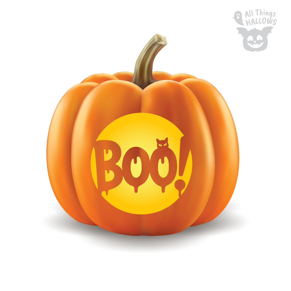 Printable Boo Pumpkin Stencil template featuring dripping BOO lettering, a black cat detail, carving level and push-pin guidelines.