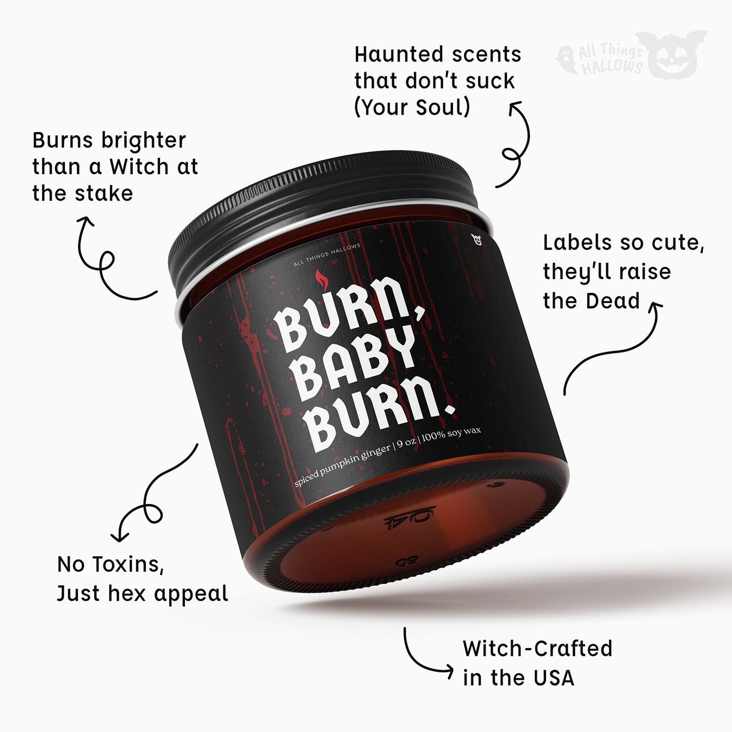Burn Baby Burn Scented Candle: 9oz Spiced Pumpkin Ginger Soy Halloween Amber Jar