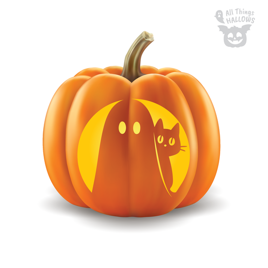 Cat Behind Ghost Pumpkin Stencil carved on an orange pumpkin featuring a glowing ghost with oval eyes and a curious black cat peeking from behind it.