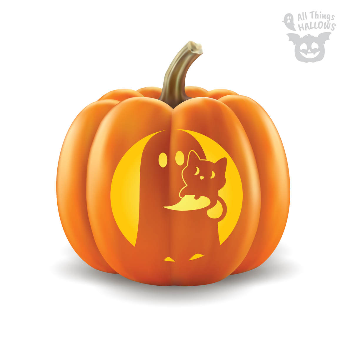 Cat in Ghost Hand Pumpkin Stencil shown carved into an orange pumpkin with a glowing ghost holding a small cat.