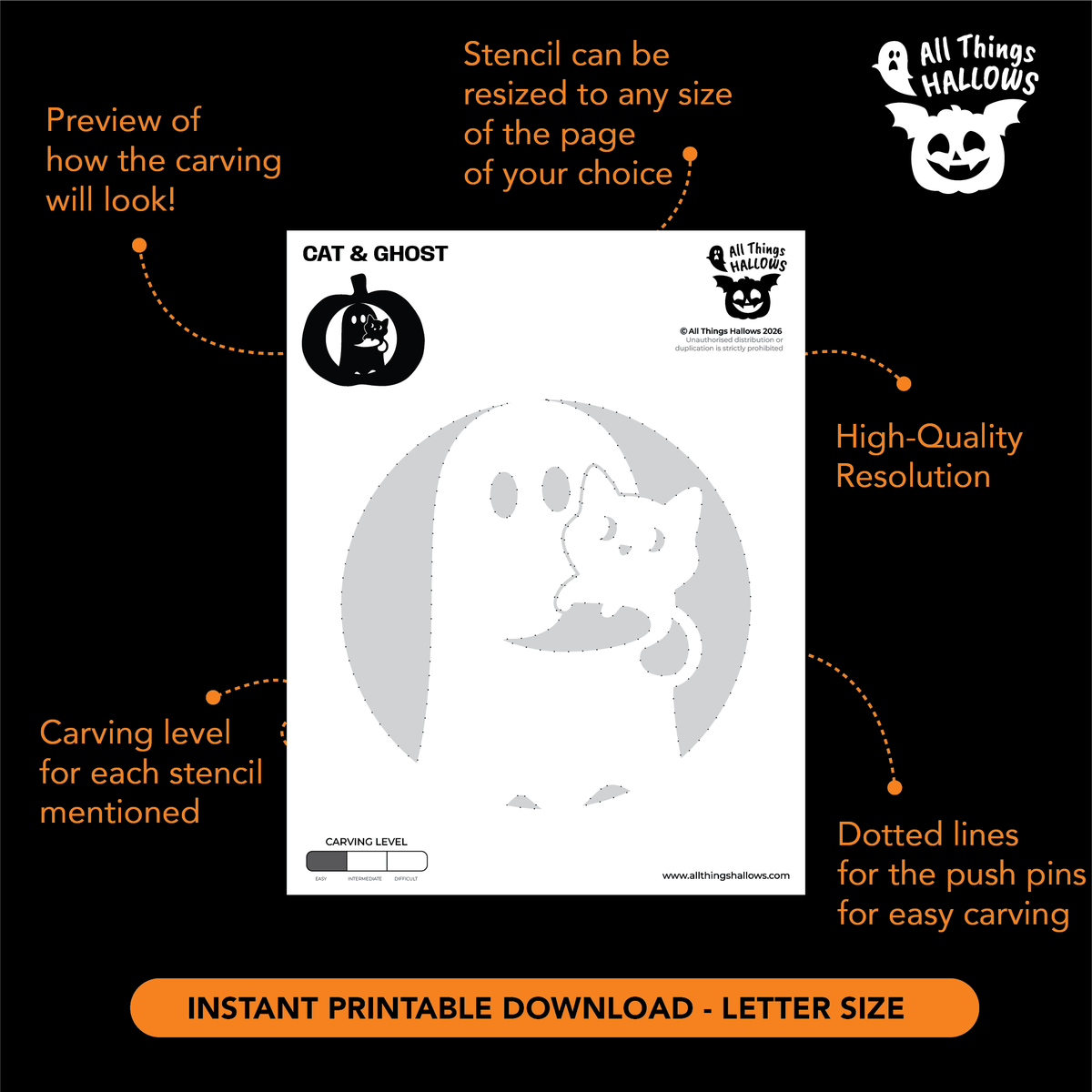 Printable Cat in Ghost Hand Pumpkin Stencil template with carving level, resizing details and dotted push-pin guidelines.