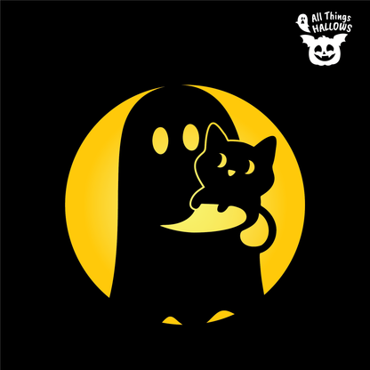 Cat in Ghost Hand Pumpkin Stencil design showing a large ghost holding a small cat against a glowing yellow circular background.